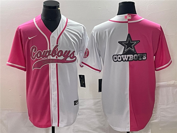 Men's Dallas Cowboys Pink/White Split Team Big Logo Cool Base Stitched Baseball Jersey - Click Image to Close